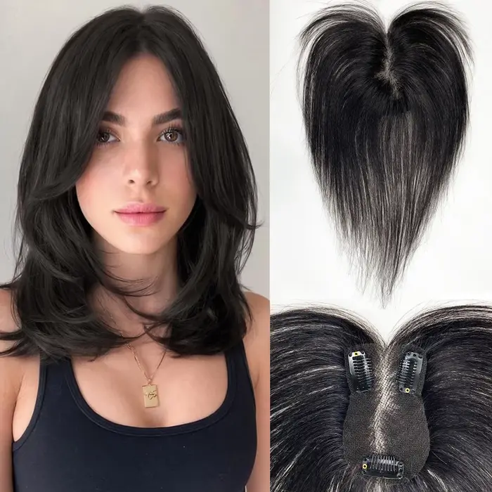 Topper de cheveux humains avec frange de rideau