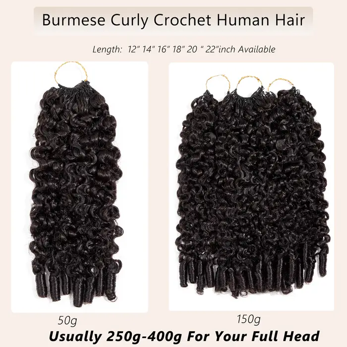 Extensions de cheveux humains bouclés birmans au crochet
