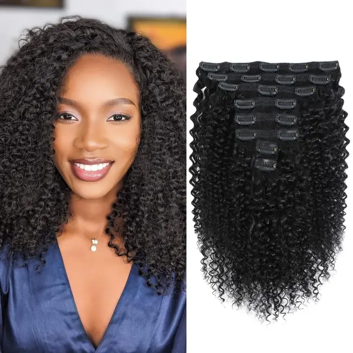 Extensions à clips bouclées crépues en cheveux humains 3C 4A pour femmes noires, 8 pièces, 20 clips,