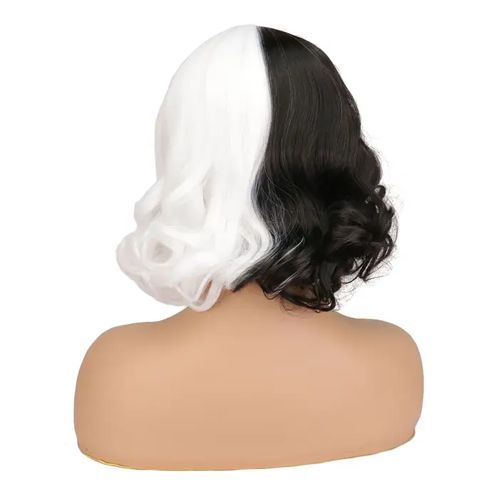 CRUELLA de Vil Cosplay perruque courte bouclée moitié noir