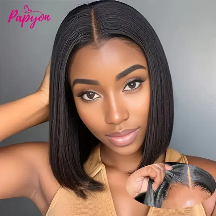 Perruques courtes bob lisses sans colle, prêtes à porter, en cheveux humains, pré-coupées, avec cord