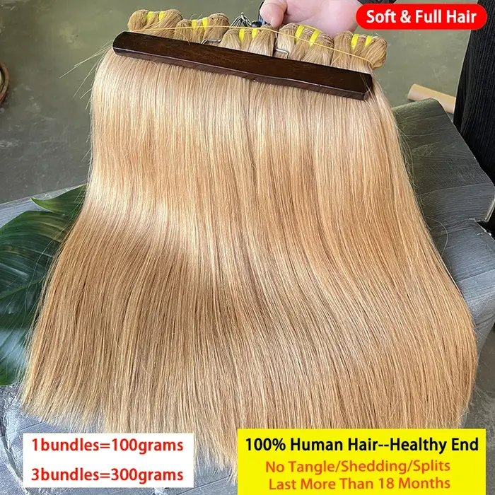 # 27 miel blond os droit 100% cheveux humains paquets non transformés cheveux vierges crus armure Ex