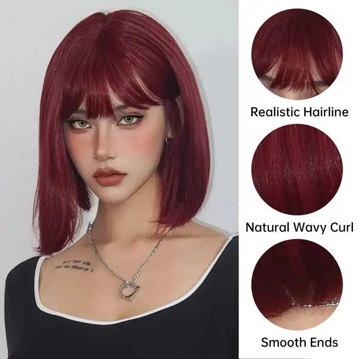 Perruque synthétique courte Bob bordeaux avec frange, faux cheveux rouge vin pour Cosplay, perruques