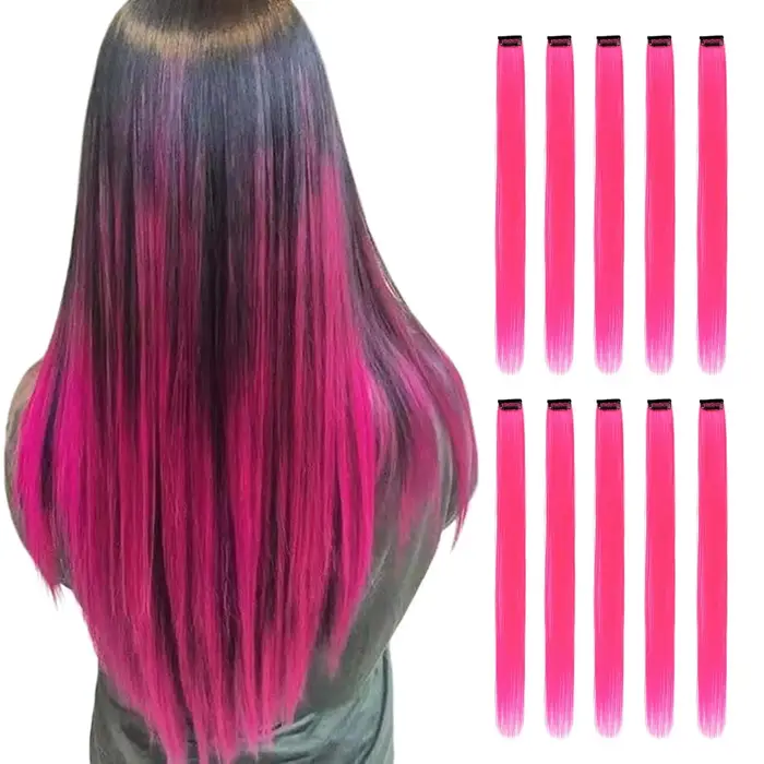 Extensions capillaires synthétiques à Clip rouge et bleu, 10 pièces, postiche lisse à reflets coloré