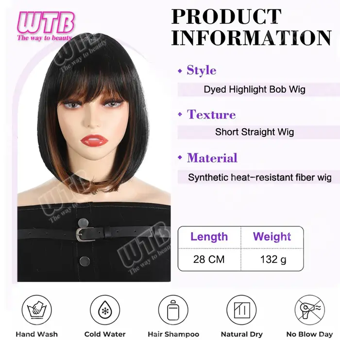 WTB Perruque synthétique courte et droite pour femme