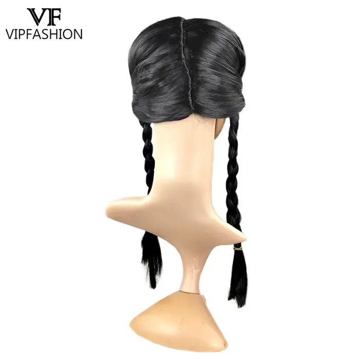 VIP FASHION Girl Halloween Wed. Adddams Cosplay perruque noir Double tresses cheveux partie centrale frange perruques