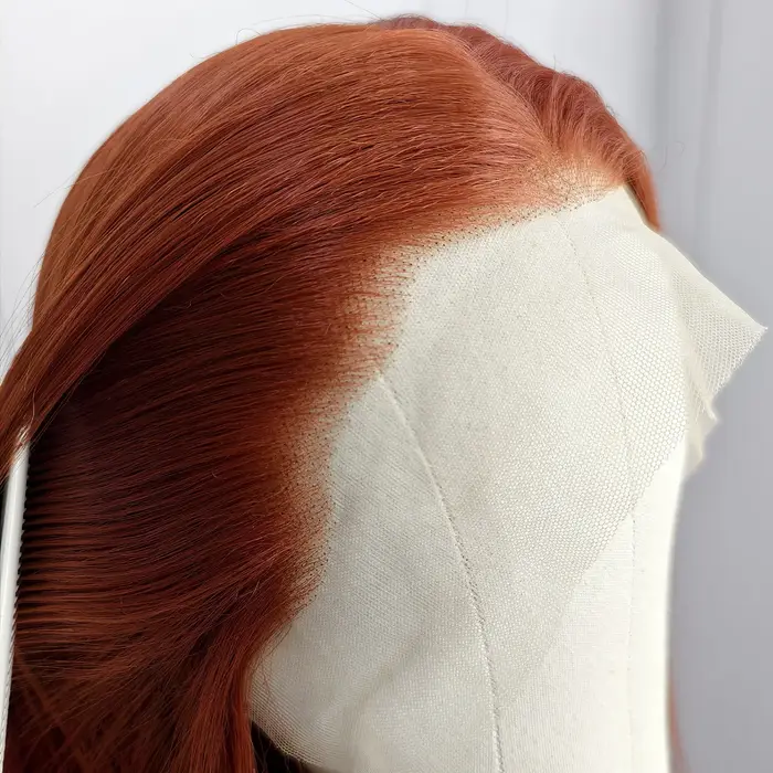 Perruque Lace Front Auburn Marron Rouge Cuivré Synthétique Pré-Pluckée Prête à Porter Sans Colle pour Femmes