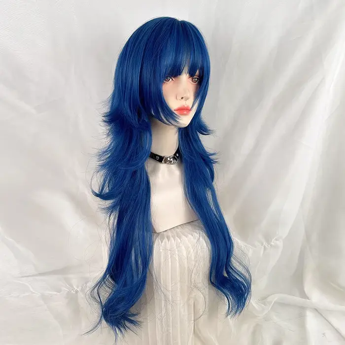 Perruque synthétique longue ondulée bleue avec tête de méduse