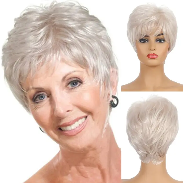 Perruque Synthétique Courte Argentée et Blanche Ombrée, Postiche de Cheveux Bouclés, Couches, Frange