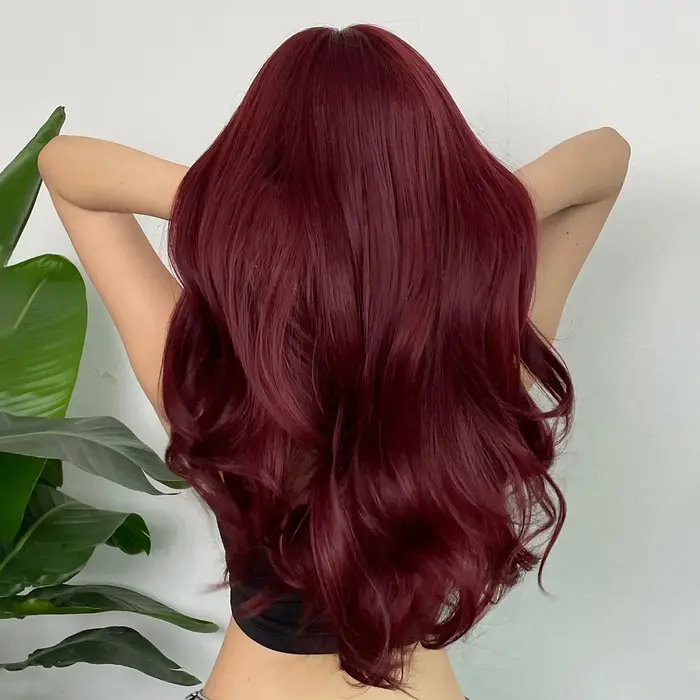 Grande perruque synthétique rouge bordeaux pour Halloween