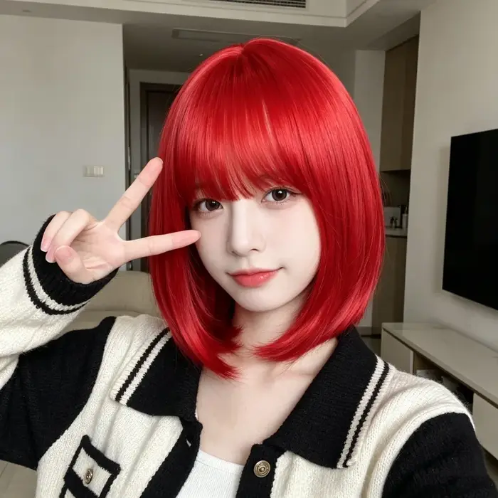 Perruque bob rouge, cheveux synthétiques