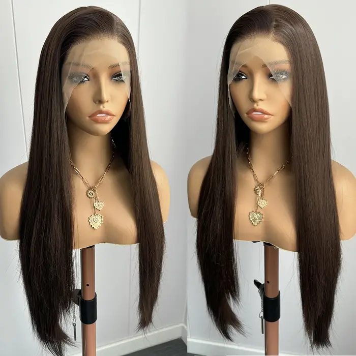 Perruque Lace Front Wig synthétique brune longue et lisse pour femmes