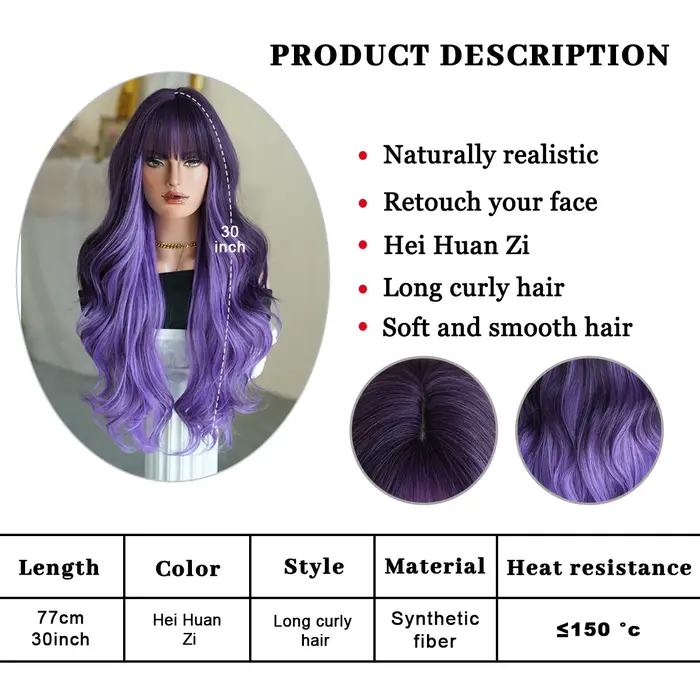 NAMM Halloween Costume perruque synthétique corps lâche ondulé violet perruques avec frange soignée noir dégradé haute