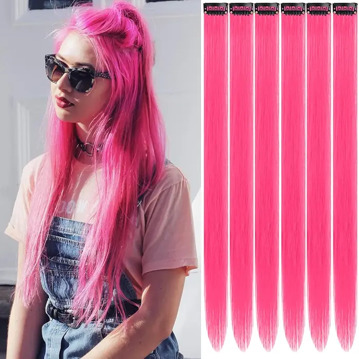6 pièces Extensions de cheveux rouge Rose à clips