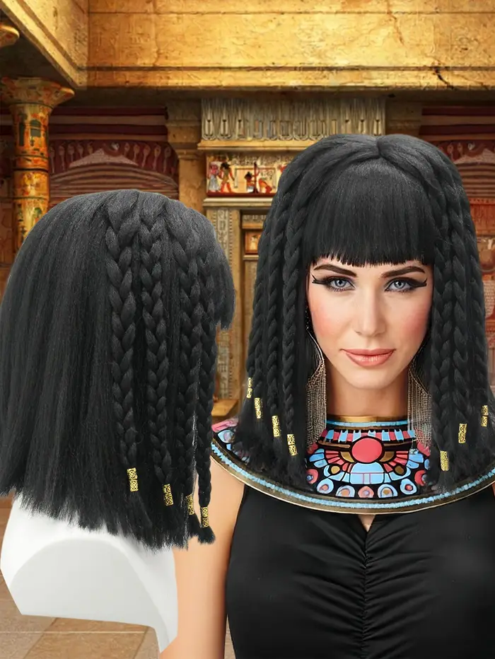 Perruque synthétique à frange tressée noire multibrins | ornements en or