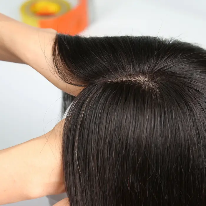 Perruque en cheveux humains vierges européens 6x6 pouces avec base en soie et frange aérienne pour f
