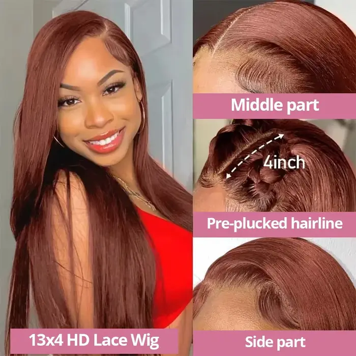 Perruques en cheveux humains lisses couleur chocolat avec dentelle frontale pour femmes, pré-épilées