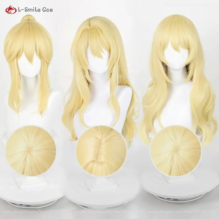 Miyazono Kaori Cosplay perruque 57 cm/65 cm de Long doré bouclés perruques résistant à la chaleur cheveux synthétiques Anime Cosplay Costumes perruque pour les femmes