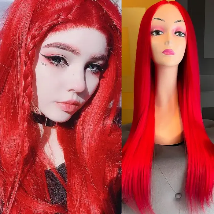 Perruque Lace Front Wig synthétique rouge longue et lisse, perruque de Cosplay avec raie centrale en