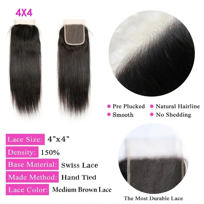 Extensions de cheveux humains brésiliens lisses, 3 mèches avec closure HD 4x4 pré-épilée, couleur no