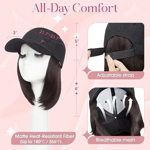 Perruque, casquette de baseball avec cheveux attachés pour femmes, perruque ajustable avec cheveux synthétiques résistants à la chaleur, 6 pouces, casquette de baseball avec cheveux