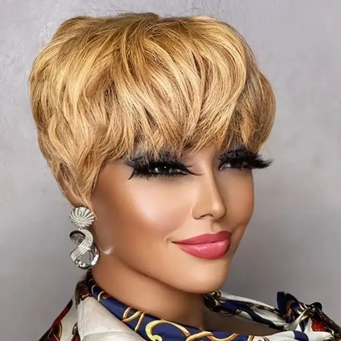 Perruque Pixie Cut Brésilienne Naturelle avec Frange