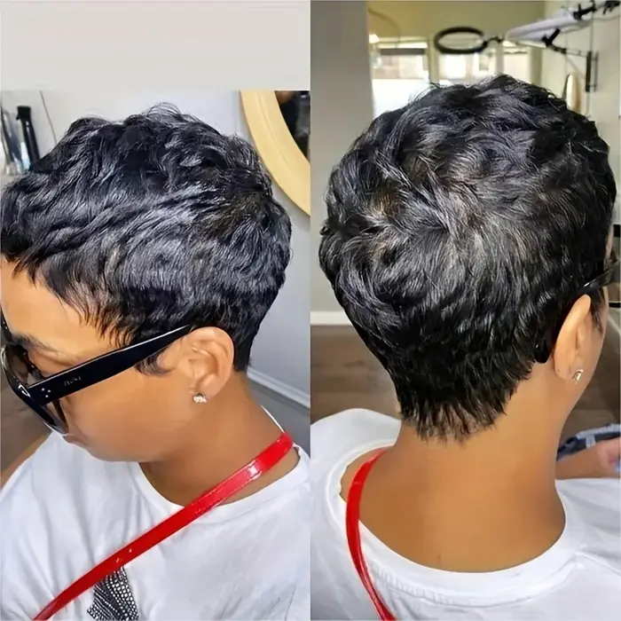 Perruque courte coupe lutin cheveux humains pour femmes perruques fabriquées à la Machine avec frang