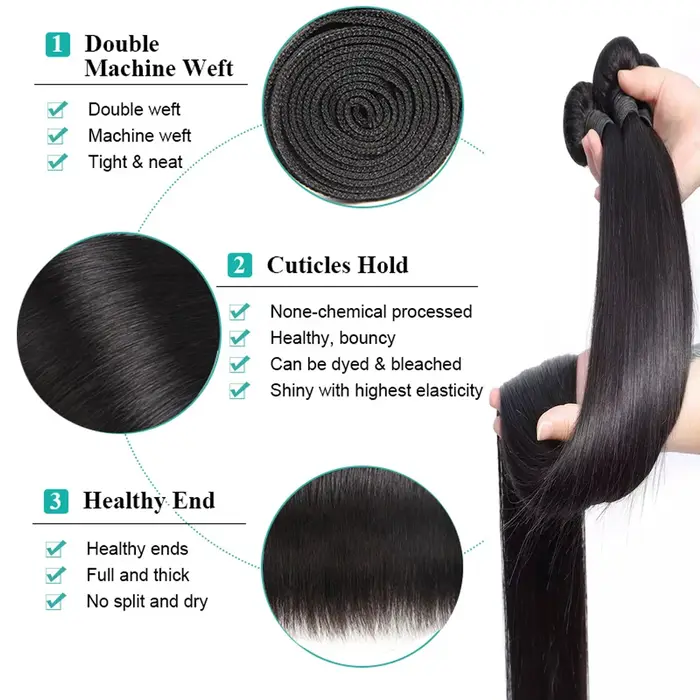 Extensions de cheveux humains lisses en lots de 12 à 32 pouces avec frontal en dentelle 13x4, tissag