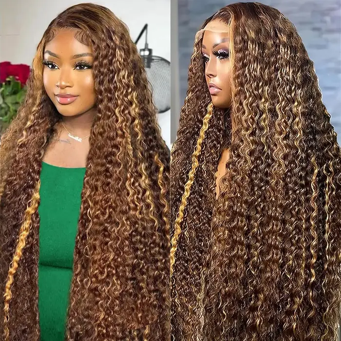 P4/27 mettre en évidence perruque cheveux humains 250% 300% 13X6 vague profonde bouclés miel blond d