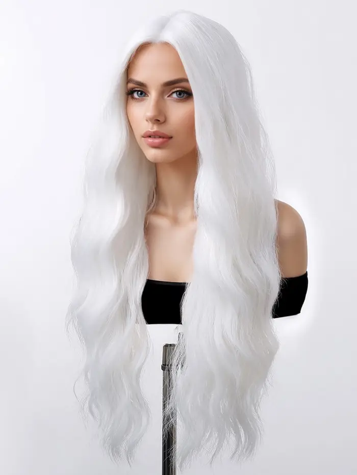 Perruque synthétique longue bouclée ondulée blanche argentée