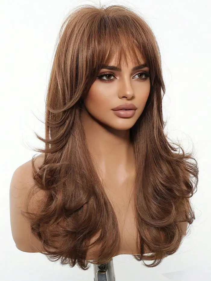 Perruque de cheveux bruns ondulés bouclés de longueur moyenne de 22 pouces