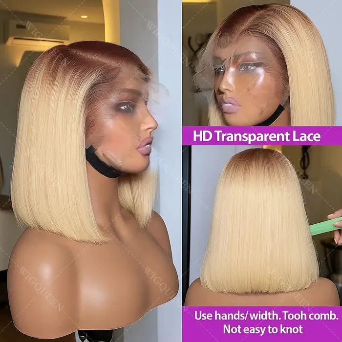 Perruque Bob Lace Front Wig naturelle lisse, cheveux courts à reflets, racines foncées, 13x4, couleu