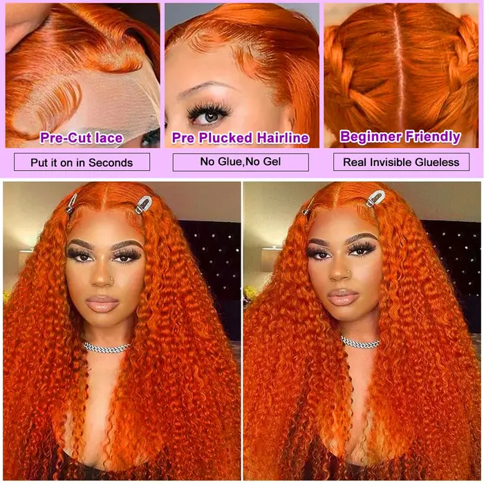 Perruques Lace Front 13x6 à boucles profondes couleur gingembre haute densité de 36 pouces # Perruqu