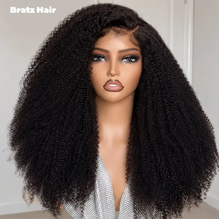 Perruque Afro Bouclée Naturelle Noire 20 Pouces Super Double Drawn avec Fermeture 5x5
