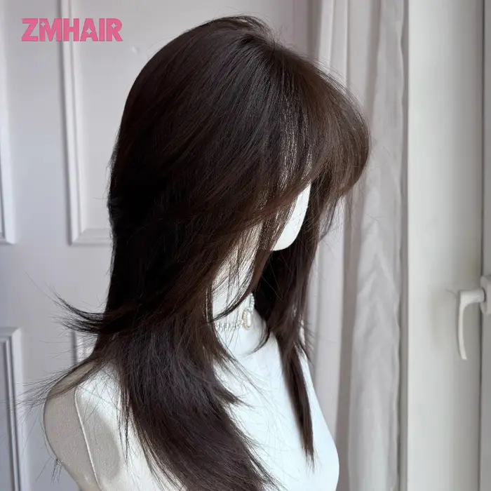Perruque à base de soie pour femmes, 100% cheveux humains, lisses, dégradés, brun chocolat, 4 couche