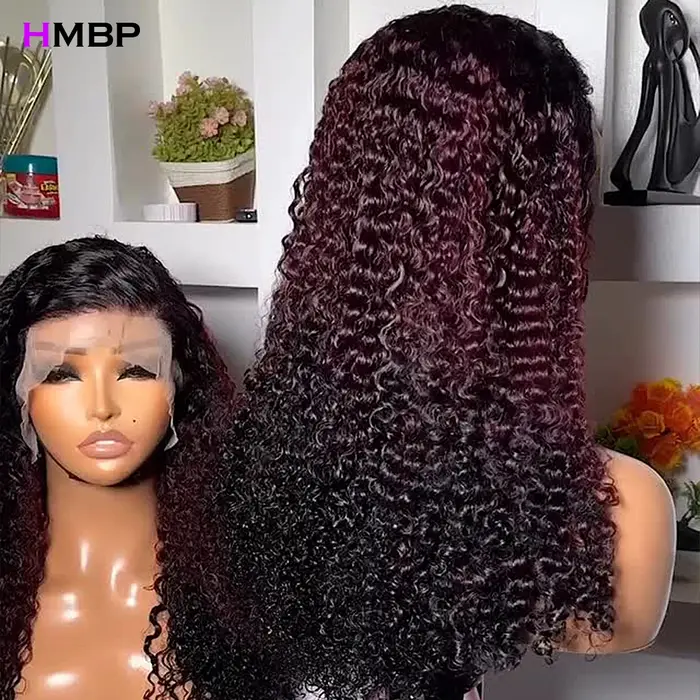 Ombre bordeaux 400 densité sans colle perruques cheveux humains vin rouge crépus bouclés 13x4 dentelle frontale perruque