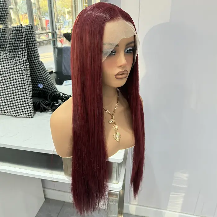Perruque Synthétique Lisse Rouge Vin pour Femme