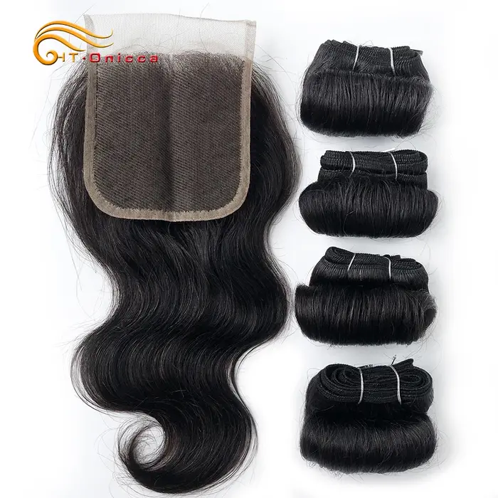 Mèches indiennes ondulées avec closure, extensions capillaires courtes, tissage transparent