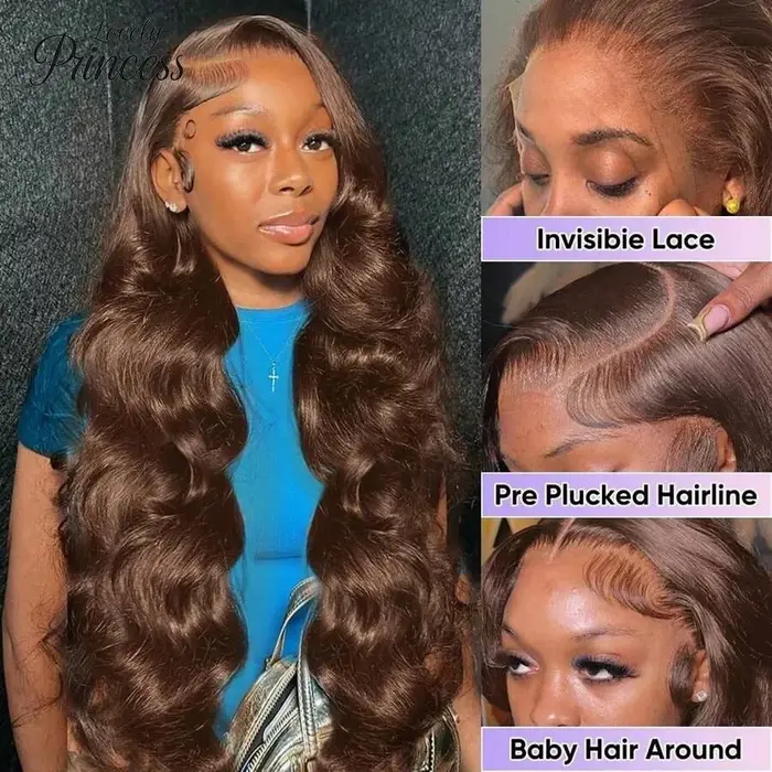 Perruque Lace Front Wig Body Wave brun chocolat, cheveux naturels, densité 220, 30 pouces, 13x6, HD,
