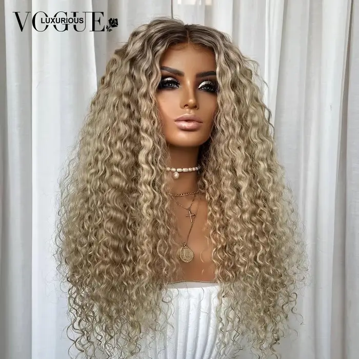 LUX VOGUE 260% frêne brume dorée crépus bouclés 100% perruque de cheveux vierges ombre de racine casquette respirante Construction 13x6 mise à niveau couleur nue