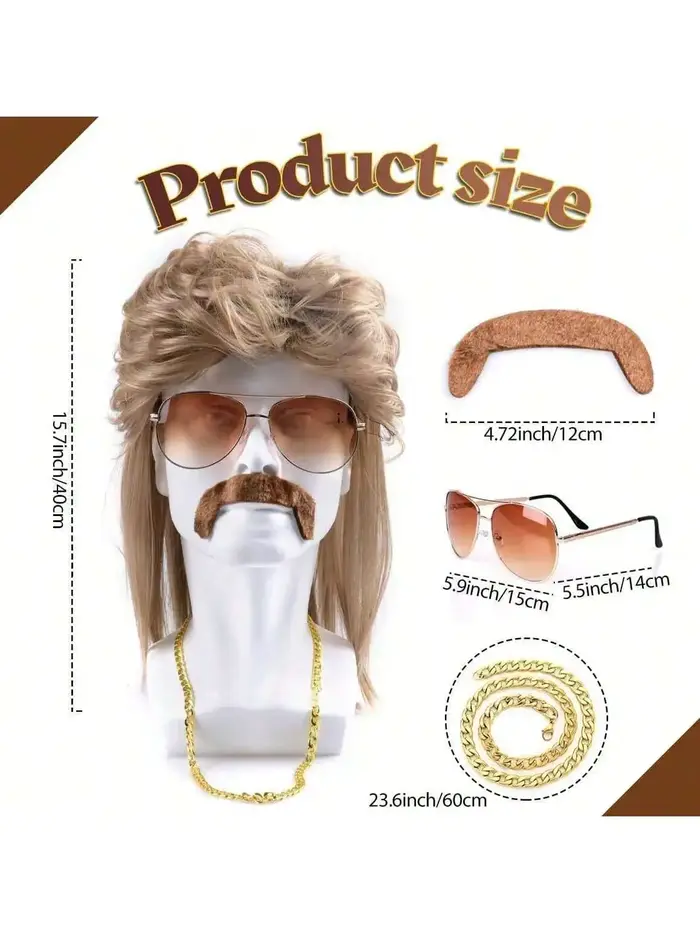 Perruque mulet des années 80 et 90, accessoires de tenue pour hommes, perruques synthétiques blondes résistantes à la chaleur pour hommes, perruque lunettes de soleil, collier foulard