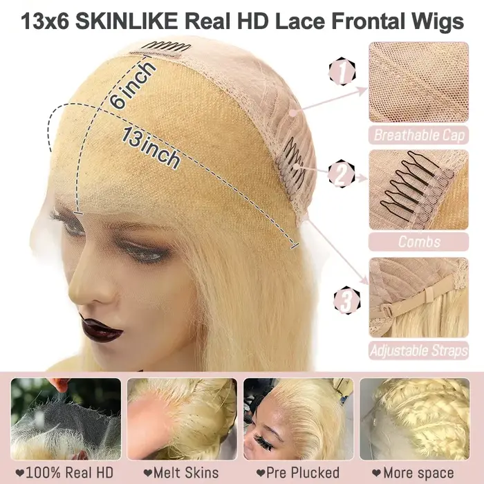 34 pouces 250% 13x6 HD dentelle frontale perruques fondre peaux cuir chevelu naturel 613 Blonde vagu