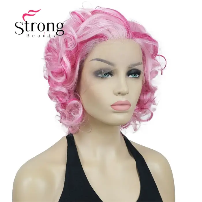 Perruque Lace Front Wig synthétique courte bouclée rose pour femme