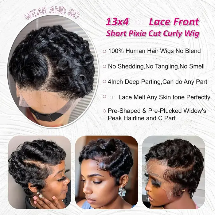 Perruque Lace Front Wig naturelle, cheveux courts bouclés, coupe Pixie, 13x4, 13x, perruques frontal