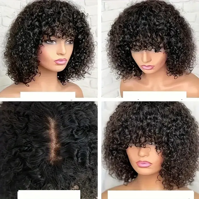 Perruque Bob frisée Heyju 1B en cheveux humains brésiliens, perruque HD Lace avec frange, sans colle