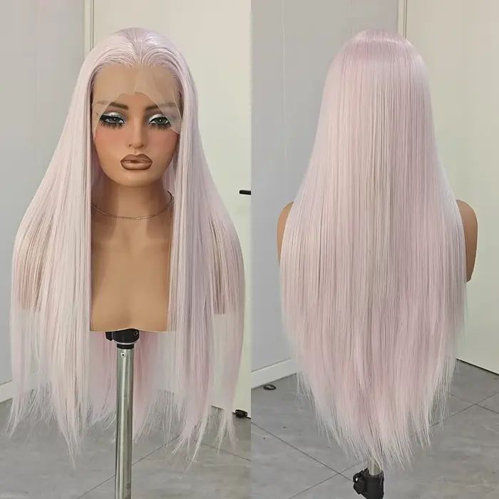 Perruque synthétique droite gris rose pour femme, couleur mixte, raie libre, cheveux longs en soie, 