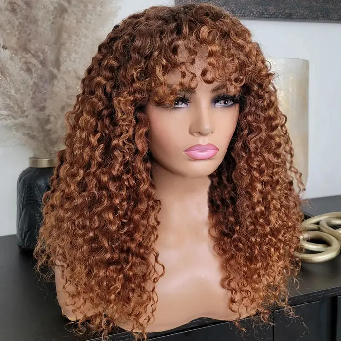 Perruque blonde miel bouclée crépue avec frange pour femme, perruque machine sans colle, cosplay haute température, noir naturel, 26 po de long, 03/3