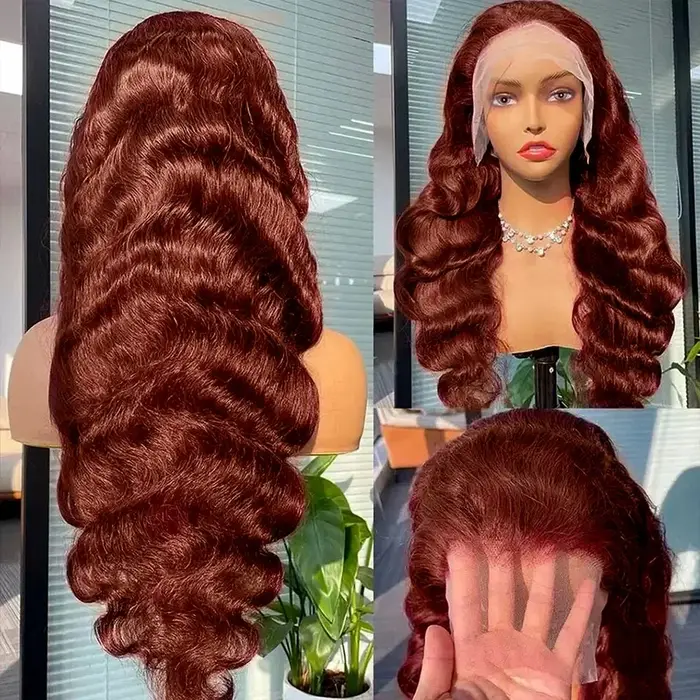 Perruque Lace Frontale 13x6 Marron Rougeâtre, Cheveux Humains Ondulés 30-40 Pouces, Perruque Lace Fr