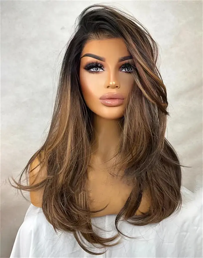 Perruque pour femme de haute qualité, nouvelle perruque synthétique HD Lace Front Ombré Brun Foncé a