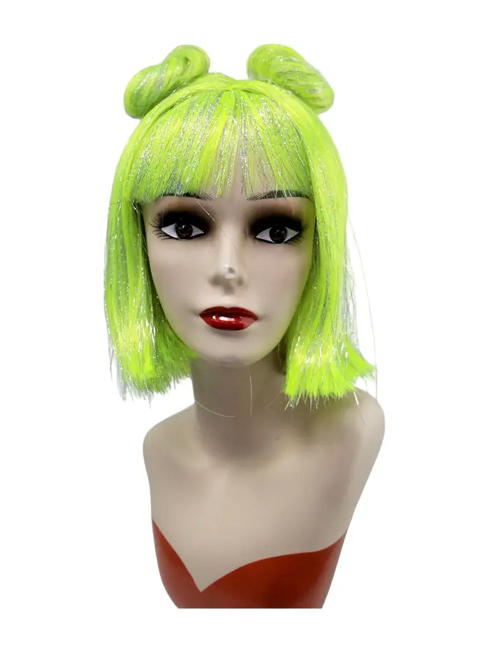 Perruque synthétique bob à paillettes violettes avec deux chignons, style Y2K pour Halloween, cospla